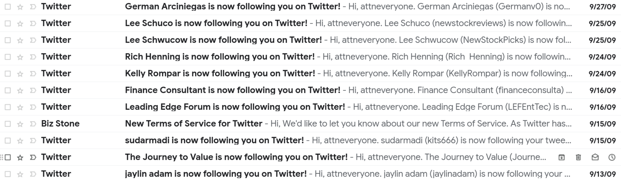 Email inbox with notifications about spam followers on Twitter